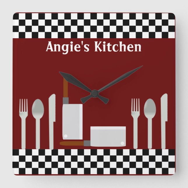 Personlig Checkerboard Kitchen Utensils Clock Fyrkantig Klocka (Framsida)