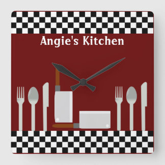 Personlig Checkerboard Kitchen Utensils Clock Fyrkantig Klocka