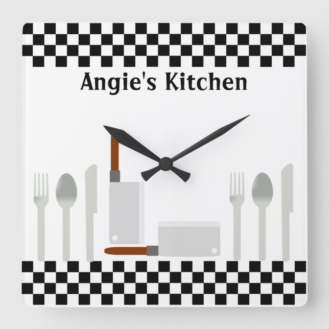 Personlig Checkerboard Kitchen Utensils Clock Fyrkantig Klocka (Framsida)