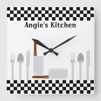 Personlig Checkerboard Kitchen Utensils Clock Fyrkantig Klocka