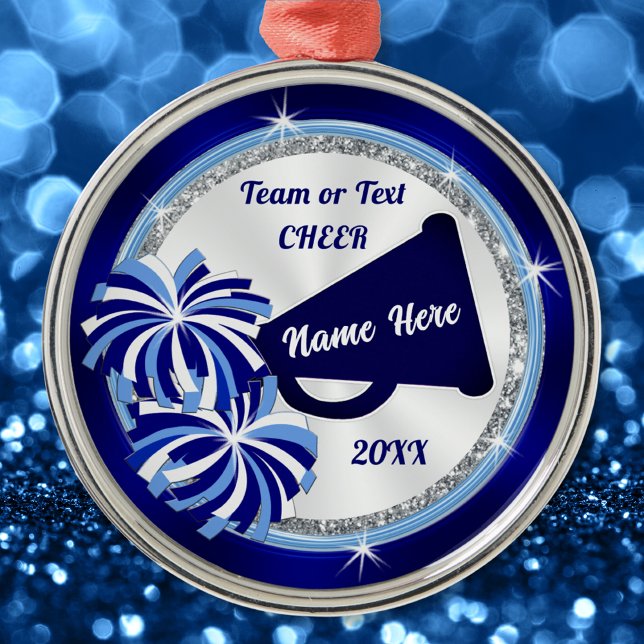 Personlig Cheerlead Ornaments, Blues, White Julgransprydnad Metall (Personalized Cheerleading Ornament. Cheer team Christmas gifts or Gifts for Senior Cheerleaders.)