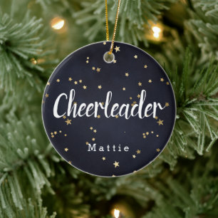 Personlig Cheerleader Navy Blue och Guld Stars Julgransprydnad Keramik
