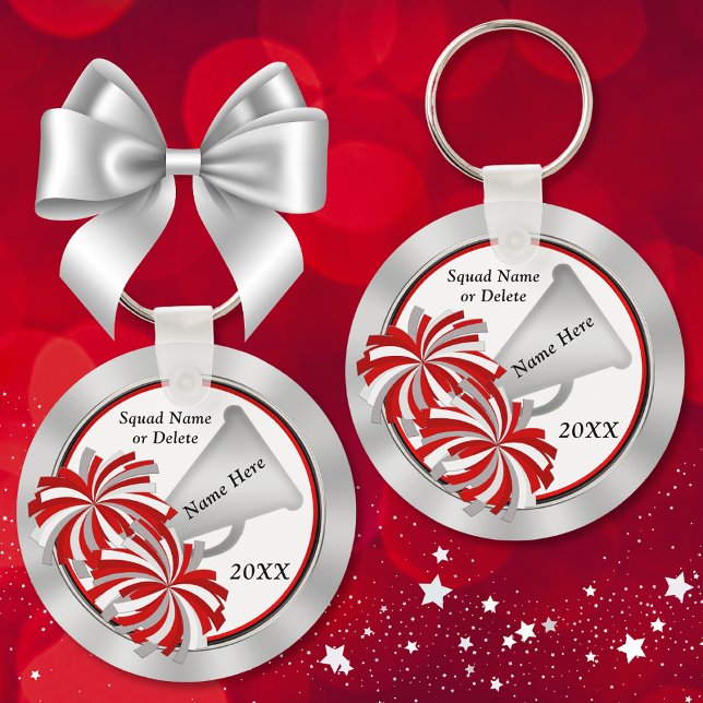Personlig CheerLedare Gift-idéer, Red and White Nyckelring (Personalized, Cheerleading gift ideas cheap. Cheerleader Keychains or  Cheer Bag Tags. Red, Silver.)