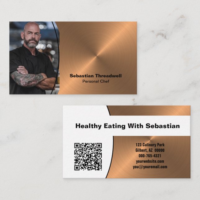 Personlig Chef Faux Copper-Anpassningsbar Foto QR- Visitkort (Fram/baksida)