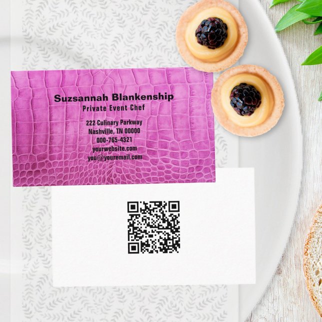 Personlig Chef Rosa Leather Struktur QR-kodAnpassn Visitkort (business card template front and back)