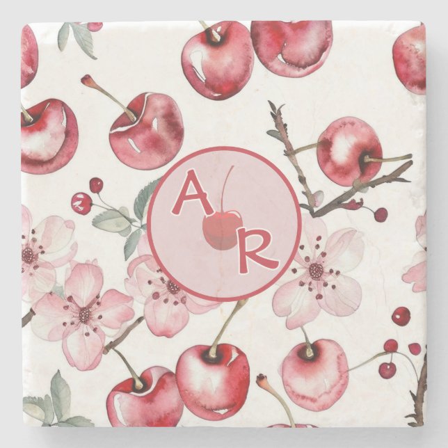 Personlig Cherry Blommar och Monogram Stenunderlägg (Framsidan)