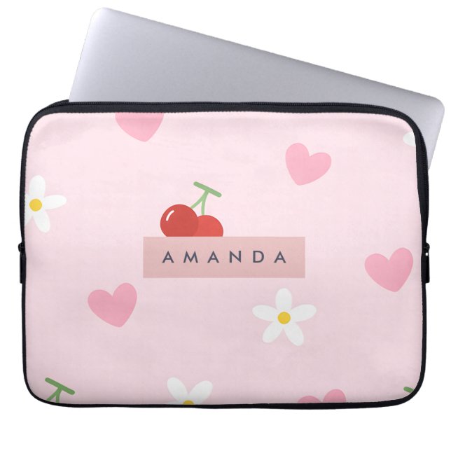 Personlig Cherry, Daisy & Rosa Heart Mönster Laptop Fodral (Framsidan)