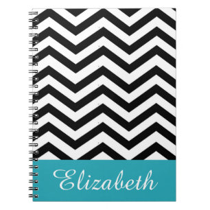 Personlig Chevron Black White Teal Monogram Anteckningsbok Med Spiral
