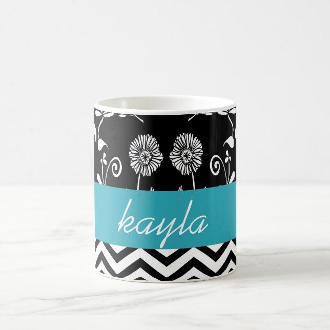 Personlig Chevron & Blommig Teal Vit & Svart Kaffemugg (Center)