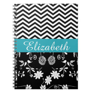 Personlig Chevron Blommigt Black White Monogram Anteckningsbok