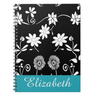 Personlig Chevron Blommigt Black White Monogram Anteckningsbok Med Spiral
