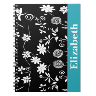 Personlig Chevron Blommigt Black White Monogram Anteckningsbok Med Spiral