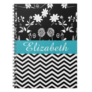Personlig Chevron Blommigt Black White Monogram Anteckningsbok Med Spiral