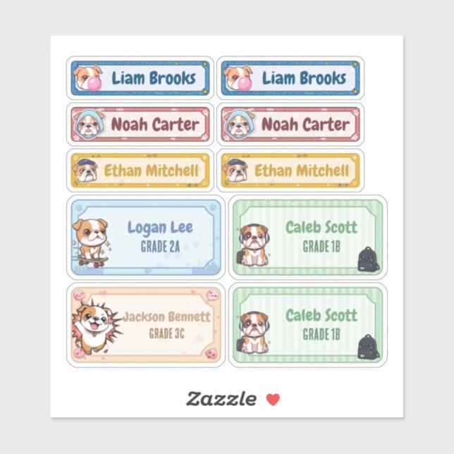 Personlig Chibi Bulldog Namn etiketter (Ark)