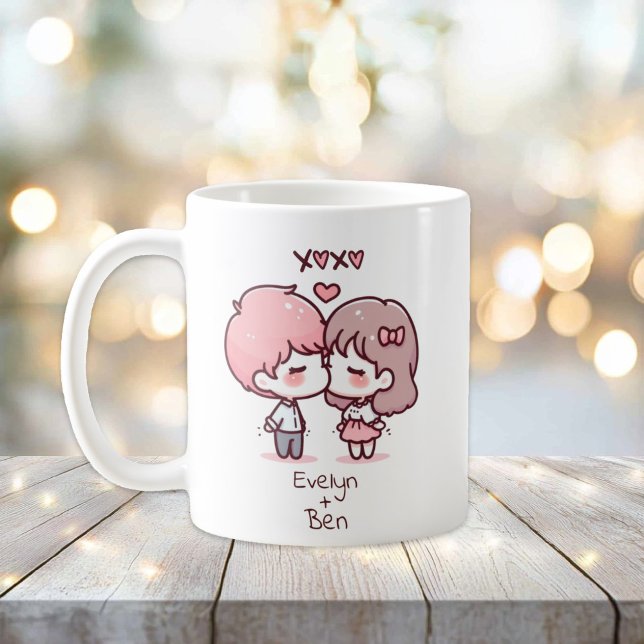 Personlig Chibi-Stil Kissing Couple Kaffemugg (Personalized Chibi-Style Kissing Couple Mug)