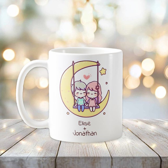 Personlig Chibi-Stil Måne Swing Couple Kaffemugg (Personalized Chibi-Style Moon Swing Couple Mug
)