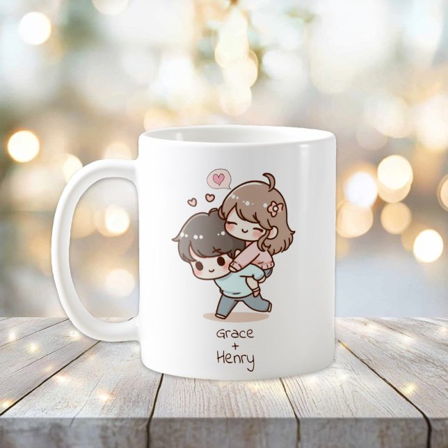 Personlig Chibi-Stil-parapel Kaffemugg (Sweet Personalized Chibi-style Playful Couple Mug)