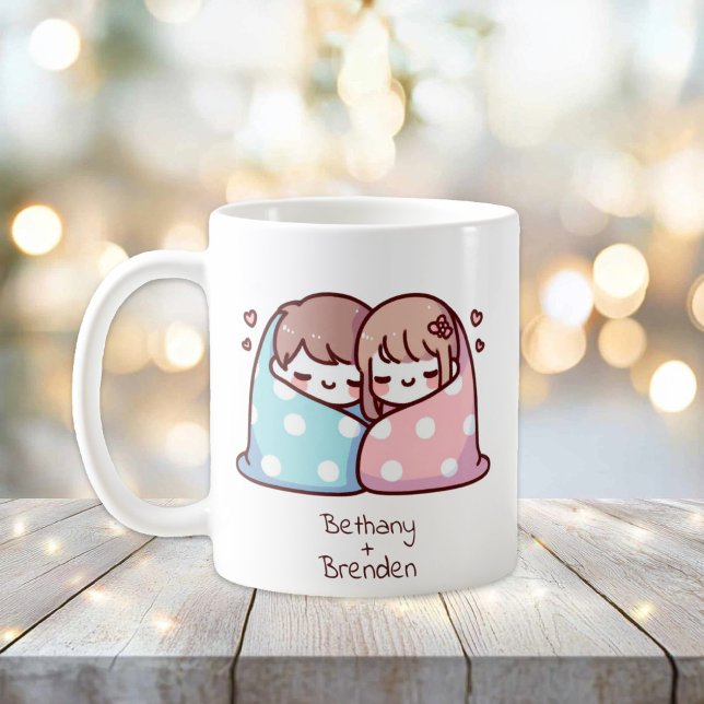 Personlig Chibi-Stil Snuggle Couple Kaffemugg (Personalized Chibi-Style Snuggle Couple Mug)