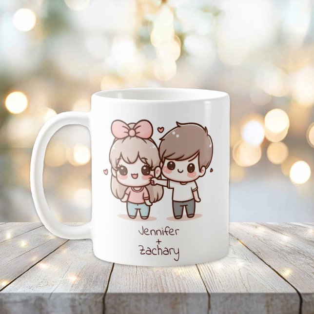 Personlig Chibi-Stil Väntar par par Kaffemugg (Personalized Chibi-Style Flirting Couple Mug)