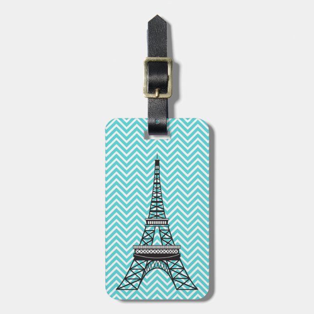 Personlig Chic Paris Eiffel Torn Blue Chevron Bagagebricka (Vertikal Framsida)