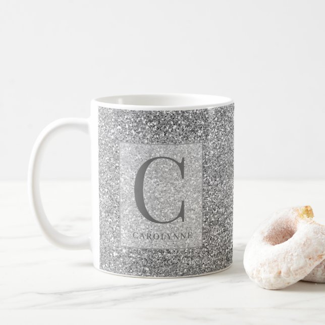 Personlig Chic Silver Glitter Bling Monogram Kaffemugg (Med munk)