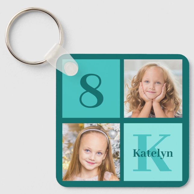 Personlig Chic Teal Fotokollage Nyckelring (Framsida)