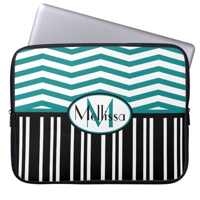 Personlig Chic teal och svart chevron rand Laptop Sleeve (Framsidan)