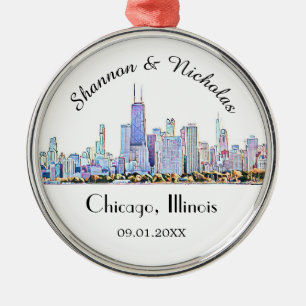 Personlig Chicago Skyline Bröllop Julgransprydnad Metall