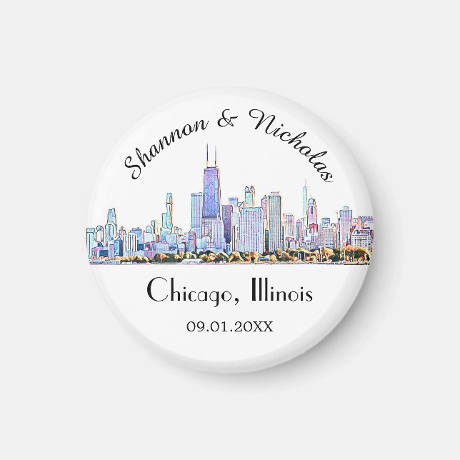 Personlig Chicago Skyline Bröllop Magnet (Framsidan)