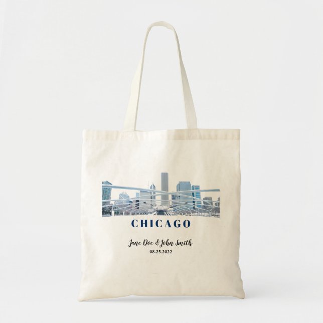Personlig Chicago Skyline Bröllop Tote Bag Tygkasse (Framsidan)