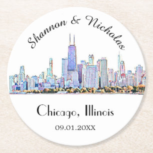 Personlig Chicago Skyline Bröllop Underlägg Papper Rund