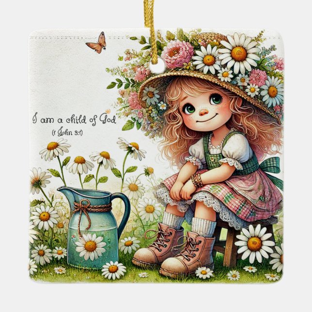 Personlig Child of God daisy Girl Julgransprydnad Keramik (Framsida)