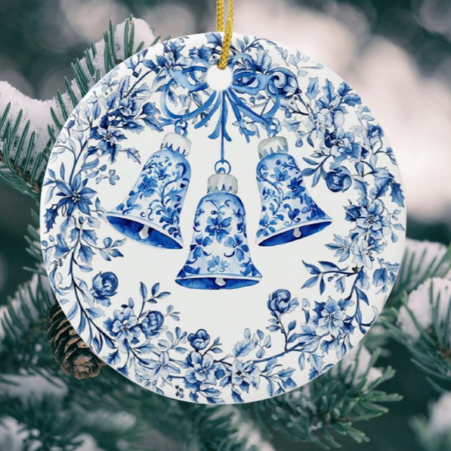 Personlig Chinoiserie Blue White Wand Klockor Julgransprydnad Keramik (Personalize on the back!)