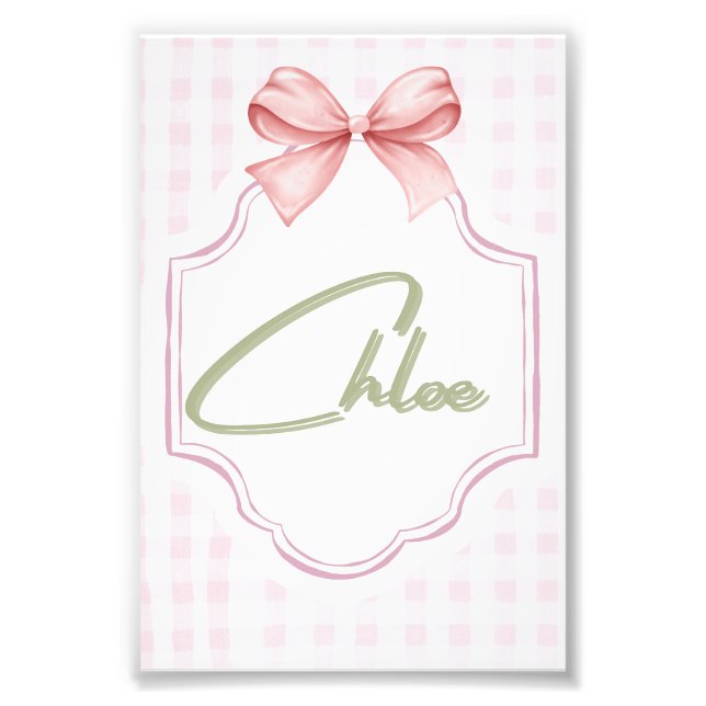 Personlig Chloe Flicka Nursery Bow&Gingham Fototryck (Framsidan)