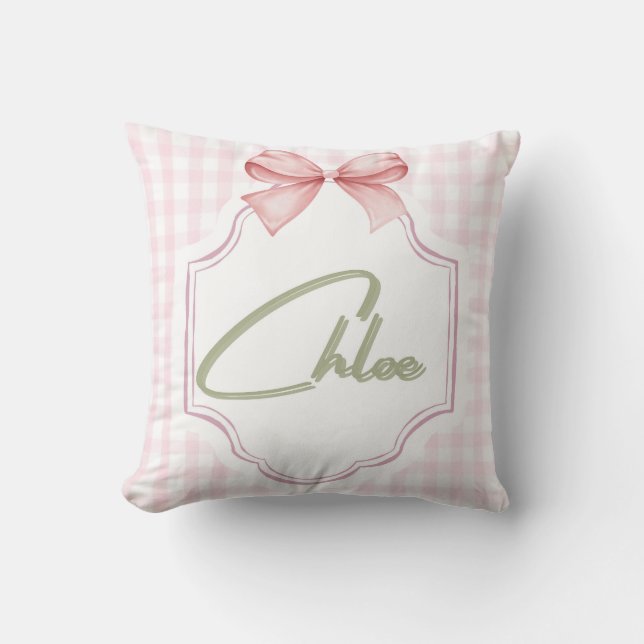Personlig Chloe Flicka Nursery Bow&Gingham Kudde (Framsida)