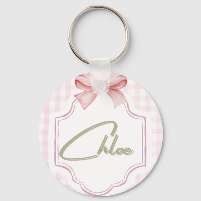 Personlig Chloe Flicka Nursery Bow&Gingham Nyckelring (Framsida)