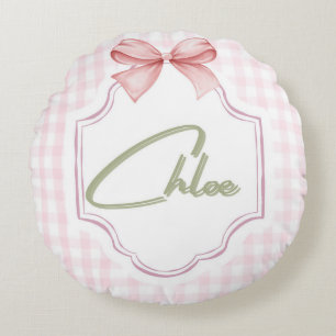 Personlig Chloe Flicka Nursery Bow&Gingham Rund Kudde