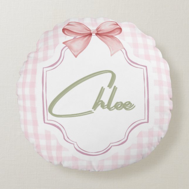 Personlig Chloe Flicka Nursery Bow&Gingham Rund Kudde (Framsidan)