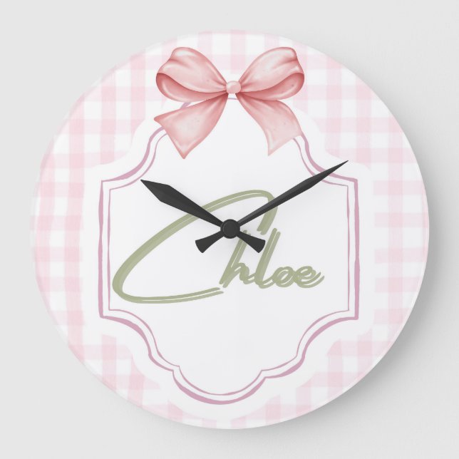 Personlig Chloe Flicka Nursery Bow&Gingham Stor Klocka (Framsida)