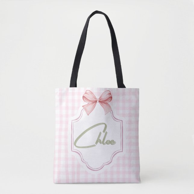 Personlig Chloe Flicka Nursery Bow&Gingham Tygkasse (Framsida)