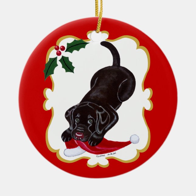Personlig Chocolate Lab Puppy med Santa Hat Julgransprydnad Keramik (Framsidan)