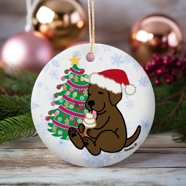 Personlig Chocolate Labrador Ice Cream Julgransprydnad Keramik (Personalized Chocolate Labrador Ice Cream Christmas Ornament for Labrador Owners.  Cartoon Style.)