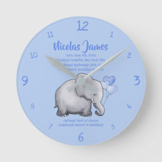 Personlig Christening Date Baby blue Elephant Rund Klocka