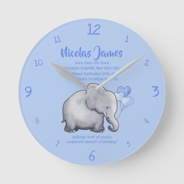 Personlig Christening Date Baby blue Elephant Rund Klocka (Framsida)