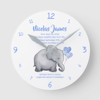 Personlig Christening Date Baby blue Elephant Rund Klocka