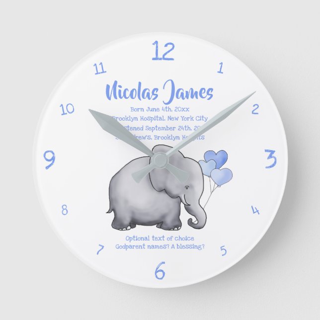 Personlig Christening Date Baby blue Elephant Rund Klocka (Framsida)