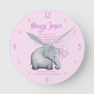Personlig Christening Date Baby Rosa Elephant Rund Klocka