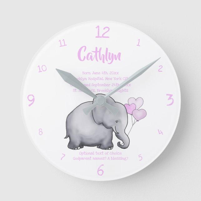 Personlig Christening Date Baby Rosa Elephant Rund Klocka (Framsida)