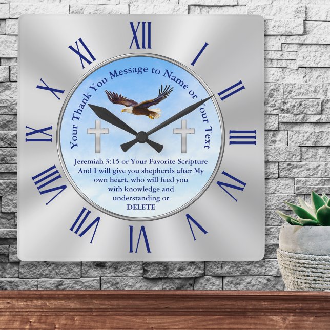 Personlig Christian Gifts for Pastors Christian Fyrkantig Klocka (Appreciation gifts for church leaders. Scripture, Christian wall clock. Gifts for pastors. Eagle.)