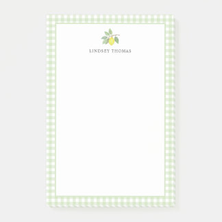 Personlig citrongrön gingham-kant post-it block